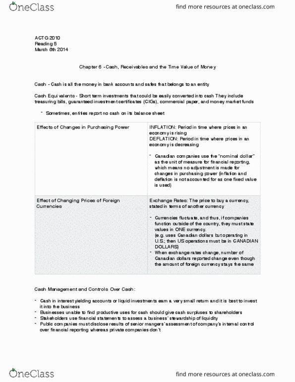 ACTG 2010 Chapter Notes - Chapter 6: Cash Cash, Money Market Fund, Discount Window thumbnail