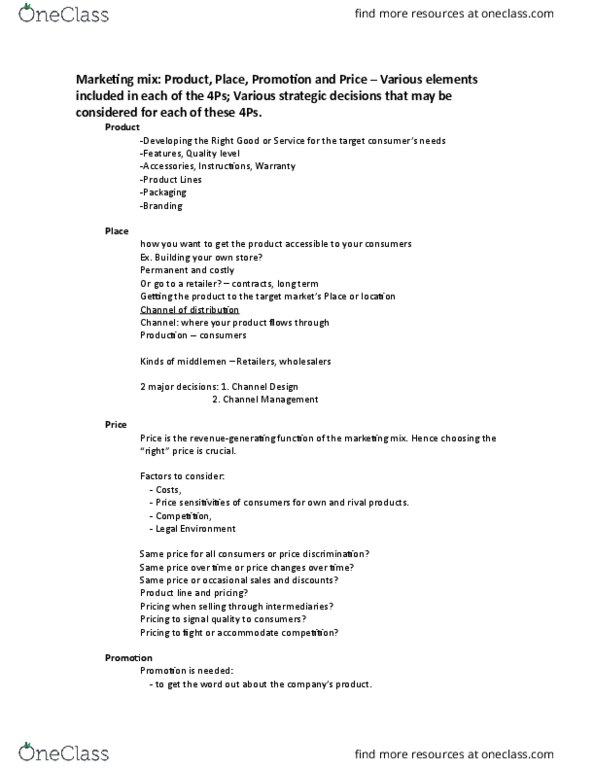 MGMT 105 Lecture Notes - Lecture 3: Price Discrimination, Marketing Mix thumbnail