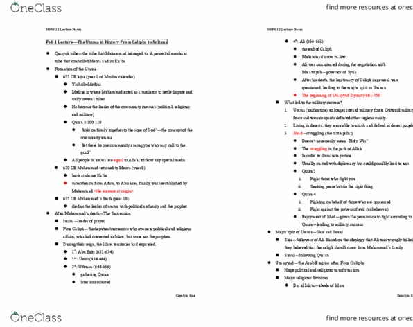 MMW 12 Lecture Notes - Lecture 11: Umayyad Caliphate, Quraysh, Sabians thumbnail