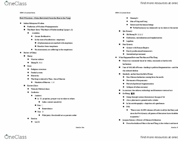 MMW 12 Lecture Notes - Lecture 20: Qin Dynasty, Yellow Emperor, Heart Sutra thumbnail