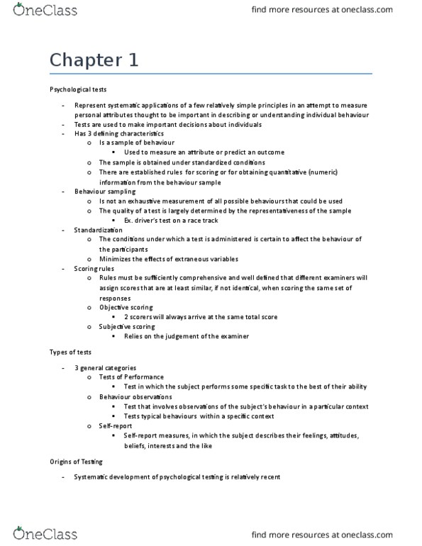 PSYC 3250 Chapter Notes - Chapter 1: Measuring Instrument, Psychological Testing thumbnail