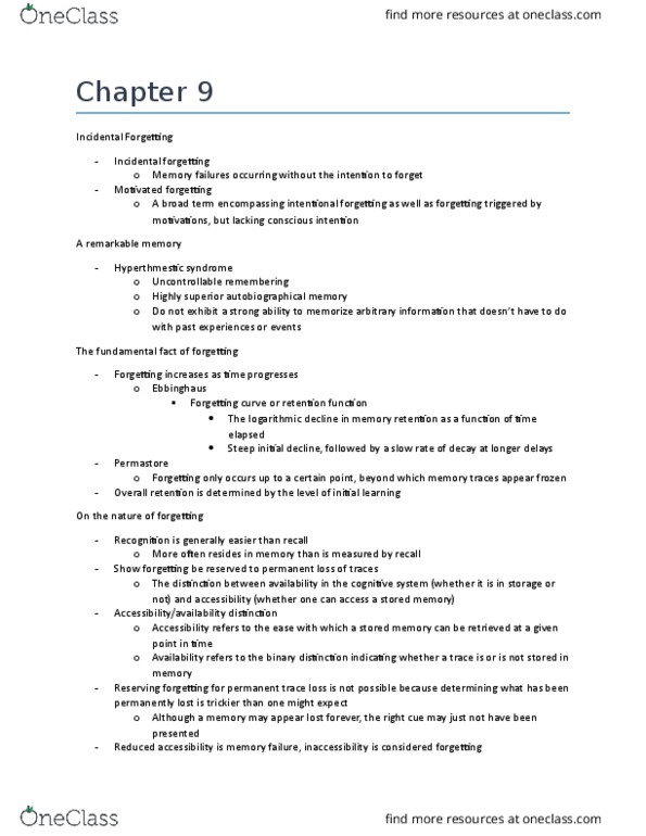 PSYC 3330 Chapter Notes - Chapter 9: Autobiographical Memory, Synapse, Forgetting Curve thumbnail