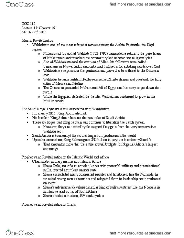 UGC 112 Lecture Notes - Lecture 13: Salman Of Saudi Arabia, Wahhabism thumbnail