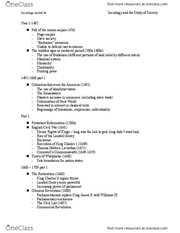 SOCI 1002 Lecture Notes - Lecture 2: Commercial Revolution, Social Physics, Auguste Comte thumbnail