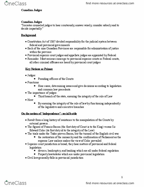 LAWS 1000 Lecture Notes - Lecture 7: Law Society, Canadian Judicial Council, Supreme Court Act thumbnail