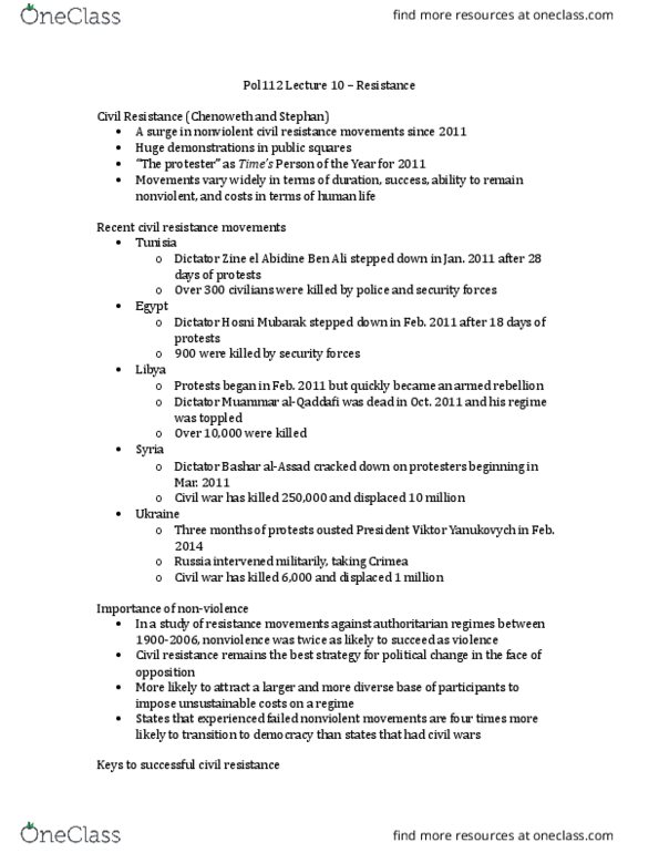 POL112H5 Lecture Notes - Lecture 10: Revolutionary Wave, Arab Spring, Zine El Abidine Ben Ali thumbnail