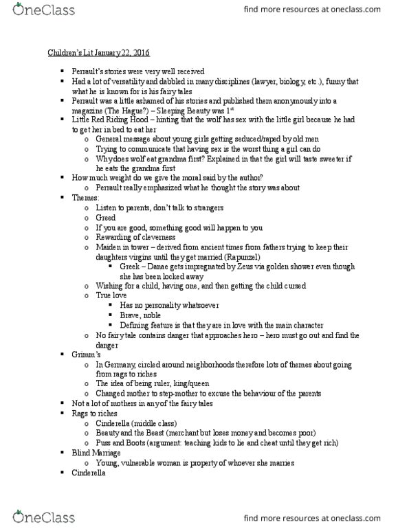 ENG 2110 Lecture Notes - Lecture 2: Fairy Tale, Urolagnia, Red Riding thumbnail