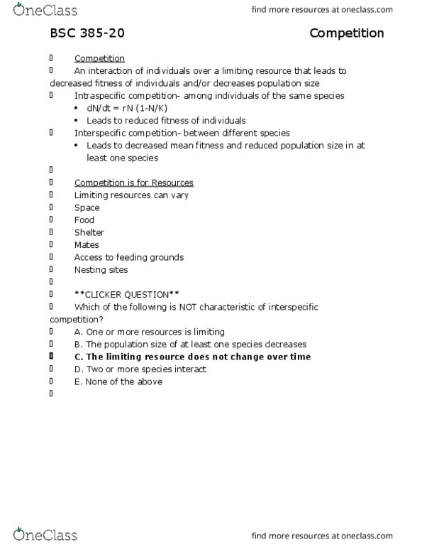 BSC 385 Lecture Notes - Lecture 20: Null Hypothesis, Coral Reef Fish, Intraspecific Competition thumbnail