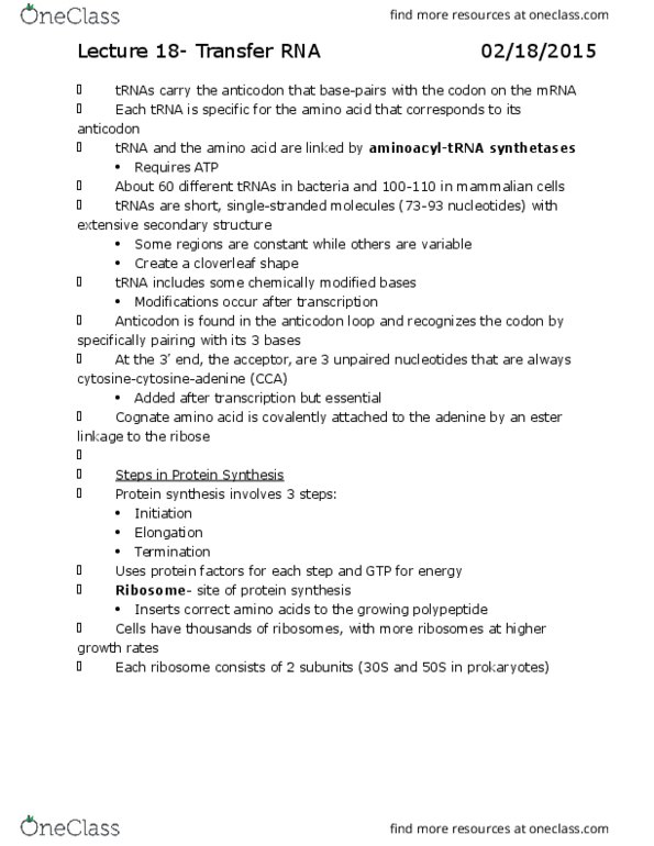 BSC 310 Lecture Notes - Lecture 18: Non-Coding Rna, Polar Regions Of Earth, Arginine thumbnail