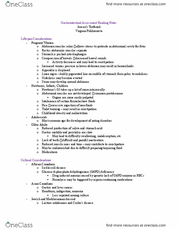 Nursing 1180A/B Chapter 22: Gastrointestinal Assessment - Jensen's Health Assessment Reading Notes thumbnail