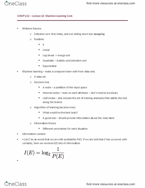 COMP 102 Lecture Notes - Lecture 18: Overfitting, Weighted Arithmetic Mean, Microsoft Onenote thumbnail