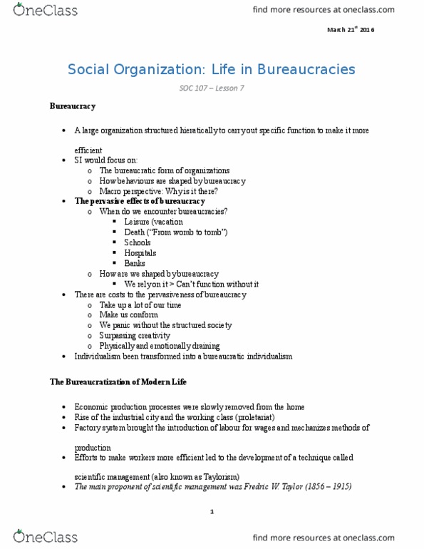 SOC 107 Lecture Notes - Lecture 7: Job Satisfaction, George Ritzer, Deindustrialization thumbnail