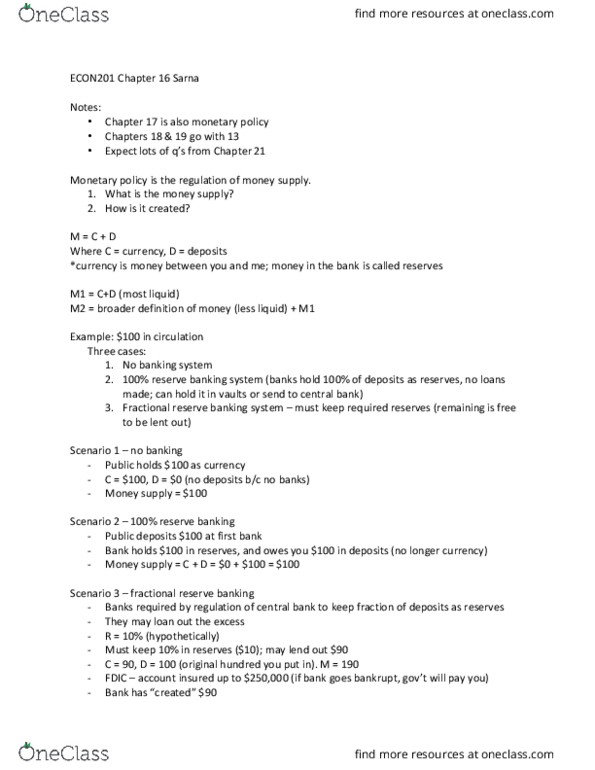 ECON 201 Lecture Notes - Lecture 16: Fractional-Reserve Banking, Money Multiplier, Reserve Requirement thumbnail