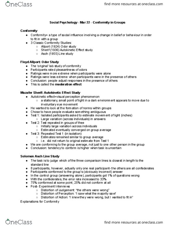 SOCPSY 1Z03 Lecture Notes - Lecture 19: Normative Social Influence, Muzafer Sherif, Floyd Henry Allport thumbnail