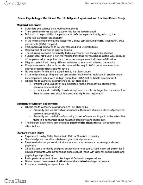 SOCPSY 1Z03 Lecture Notes - Lecture 17: Philip Zimbardo, Stanford Prison Experiment, Fundamental Attribution Error thumbnail