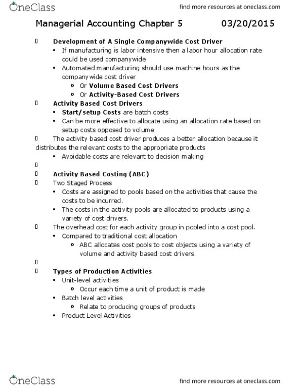 ACCT 2301 Chapter Notes - Chapter 5: Target Costing, Activity-Based Costing, Cost Driver thumbnail