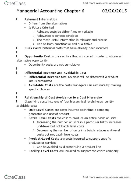 ACCT 2301 Chapter Notes - Chapter 6: Opportunity Cost thumbnail