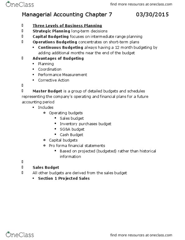 ACCT 2301 Chapter Notes - Chapter 7: Budget, Pro Forma, Financial Statement thumbnail