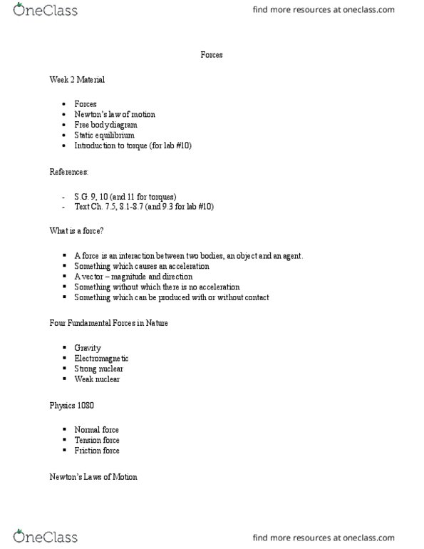 PHYS 1080 Lecture Notes - Lecture 2: Free Body Diagram, Resultant Force, International System Of Units thumbnail