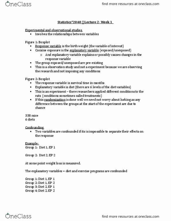 STAT 2040 Lecture Notes - Lecture 2: Confounding, Dependent And Independent Variables, Box Plot thumbnail