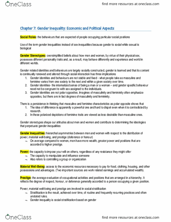 SOC102H1 Chapter Notes - Chapter 7: Gender Inequality, Social Stratification, Gender Role thumbnail