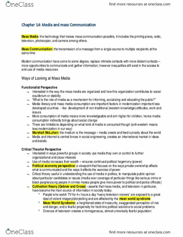 SOC101Y1 Chapter Notes - Chapter 14: North American Free Trade Agreement, Canadian Content, Mass Media thumbnail