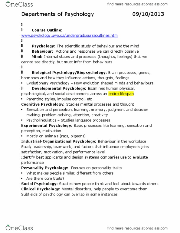 Psychology 1000 Lecture Notes - Lecture 1: Psycholinguistics, Parenting Styles thumbnail