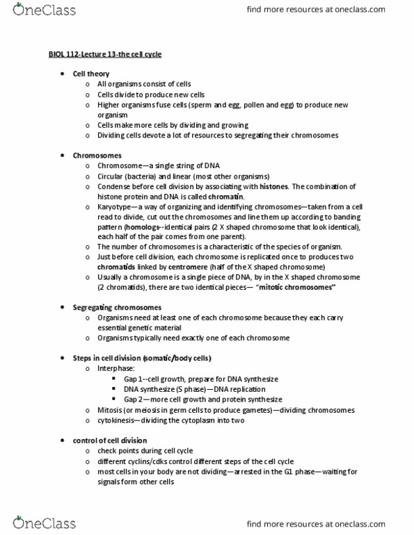 BIOL 112 Lecture Notes - Lecture 13: Meiosis, S Phase, Centromere thumbnail