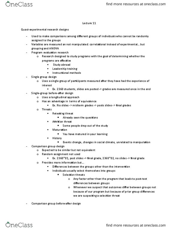 PSYC 2360 Lecture Notes - Lecture 11: Behavioural Sciences, Program Evaluation thumbnail
