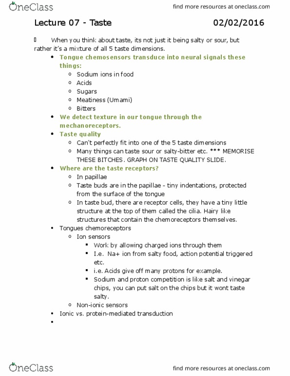 PSYC 212 Lecture Notes - Lecture 7: Conformational Change, Taste, Sensory Analysis thumbnail