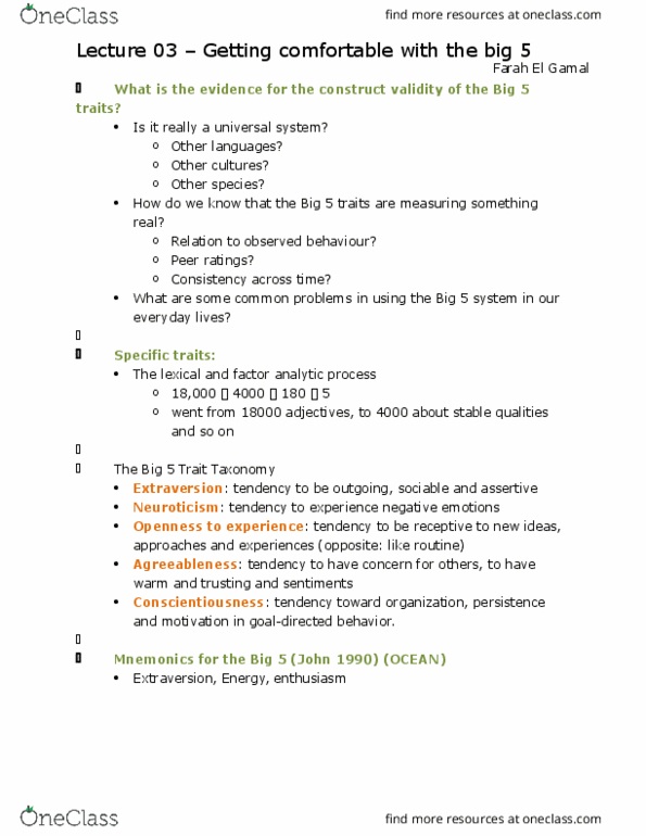 PSYC 332 Lecture Notes - Lecture 3: Extraversion And Introversion, Construct Validity, Agreeableness thumbnail