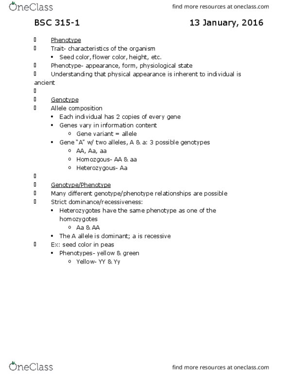 BSC 315 Lecture Notes - Lecture 1: Phenotype, Allele thumbnail