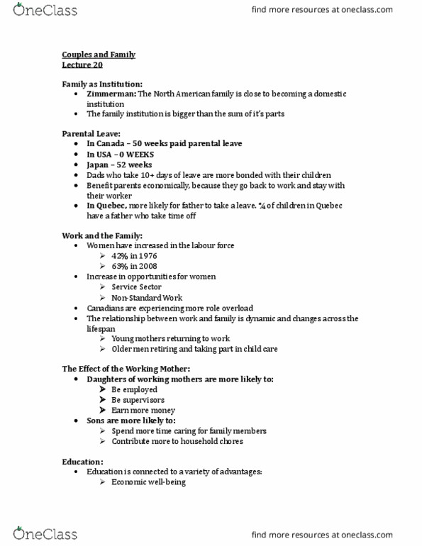FRHD 1020 Lecture Notes - Lecture 20: Working Mother, Parental Leave thumbnail