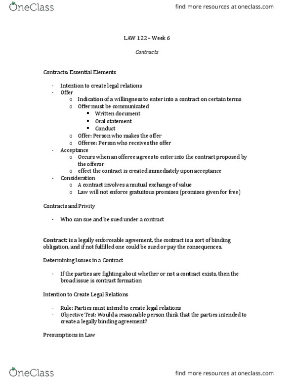 LAW 122 Lecture Notes - Lecture 6: Posting Rule, Contract thumbnail