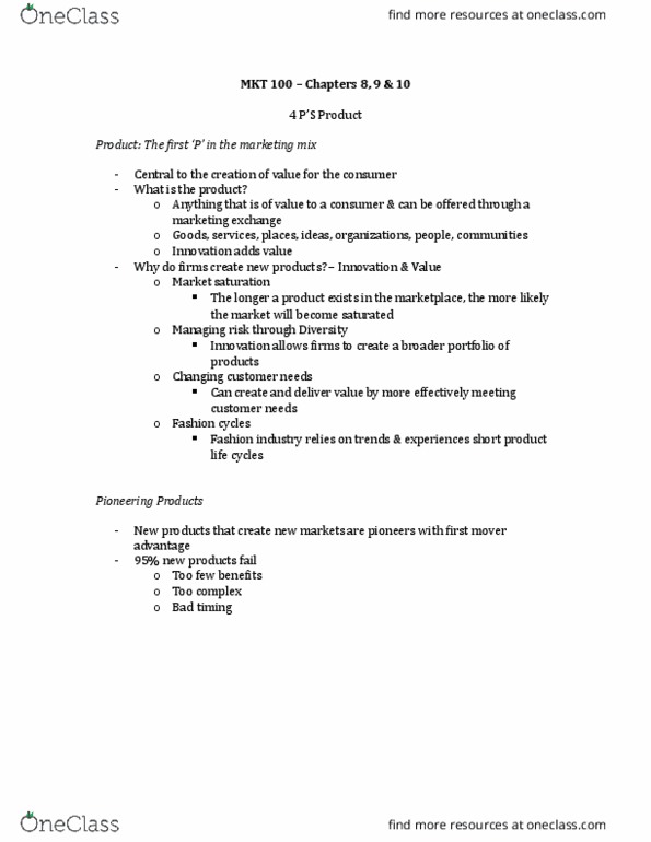 MKT 100 Lecture Notes - Lecture 8: Market Saturation, Marketing Mix, Intangibility thumbnail