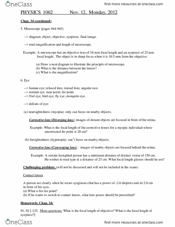 PHYS 1062 Lecture Notes - Lecture 10: Near-Sightedness, Corrective Lens, Optical Power thumbnail