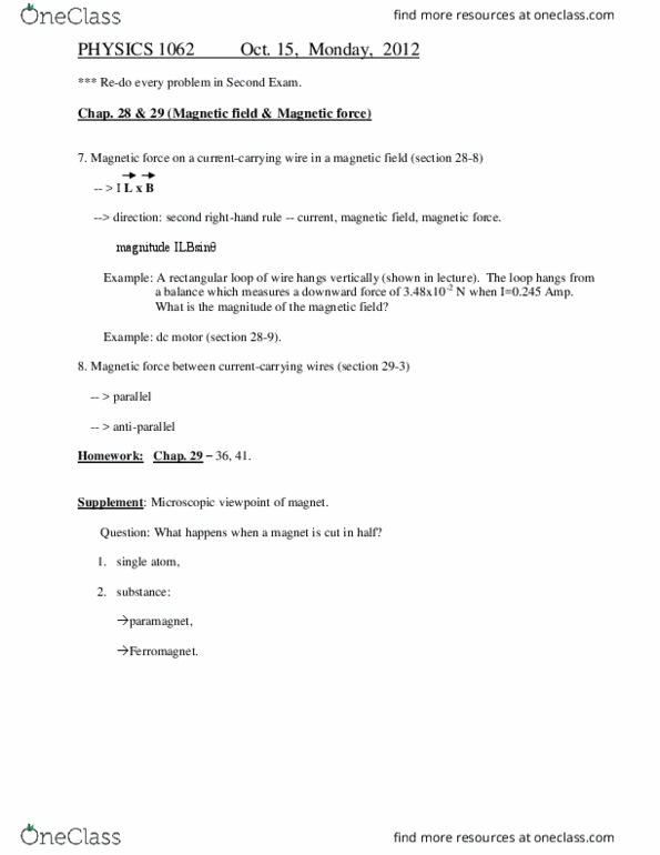 PHYS 1062 Lecture Notes - Lecture 7: Magnetic Flux, Electromagnetic Induction, Electric Flux thumbnail