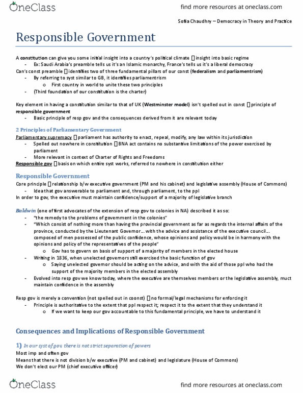 PSCI 1100 Lecture Notes - Lecture 1: Responsible Government, Parliamentary Sovereignty, Speech From The Throne thumbnail