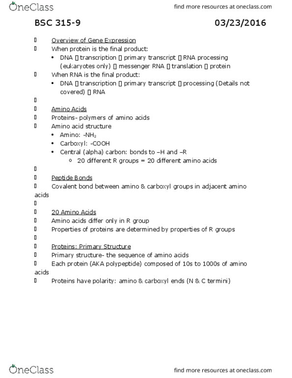 BSC 315 Lecture Notes - Lecture 9: Methionine, Start Codon, Covalent Bond thumbnail