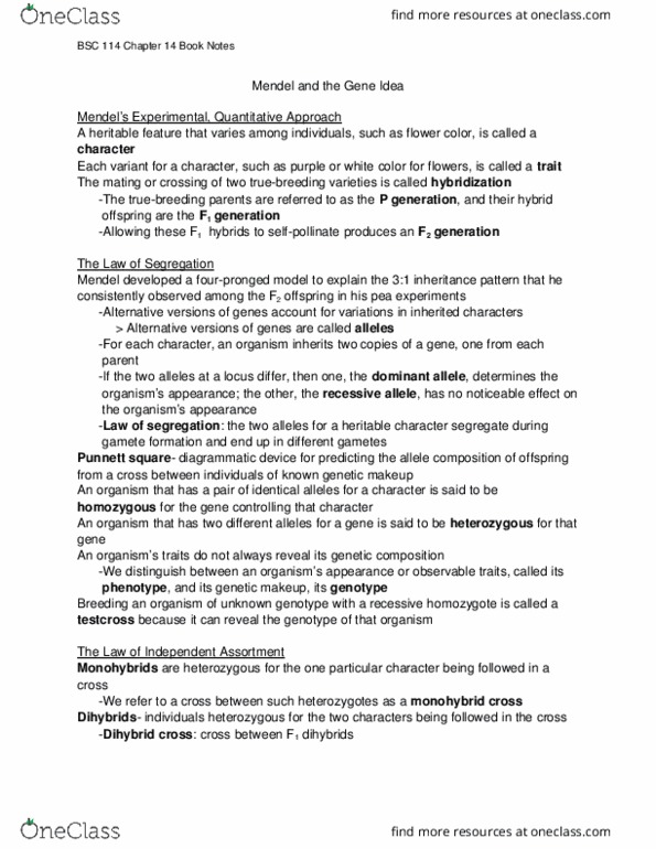 BSC 114 Chapter Notes - Chapter 14: Dihybrid Cross, Epistasis, Quantitative Trait Locus thumbnail