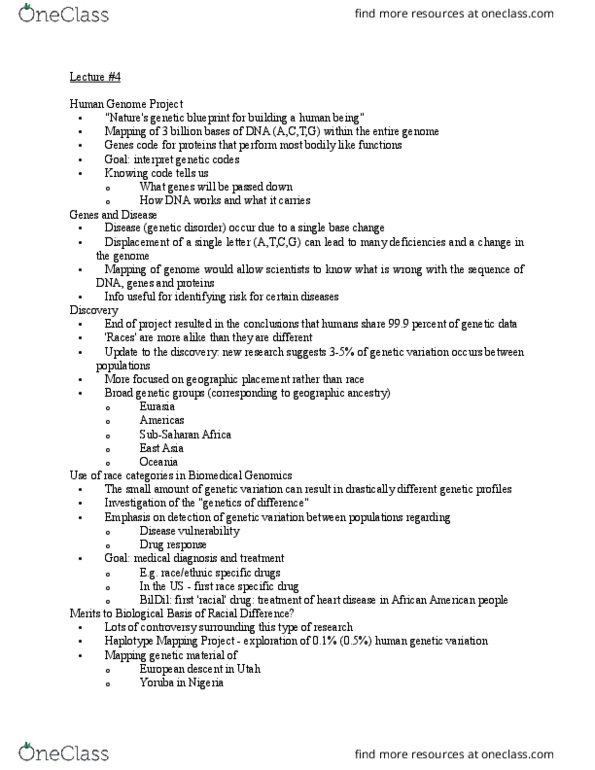 SOCI 230 Lecture Notes - Lecture 4: Interjection, Human Genetic Variation, Human Genome Project thumbnail