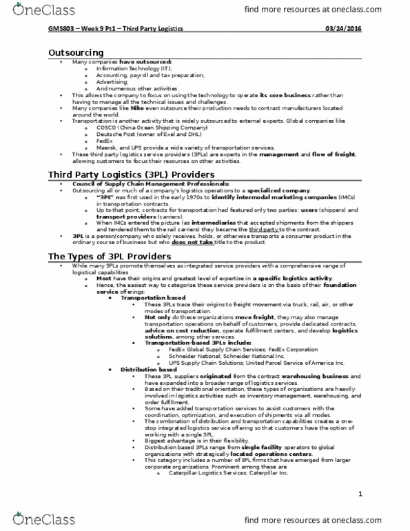 GMS 803 Lecture Notes - Lecture 9: Freight Forwarder, Management System, Freight Company thumbnail