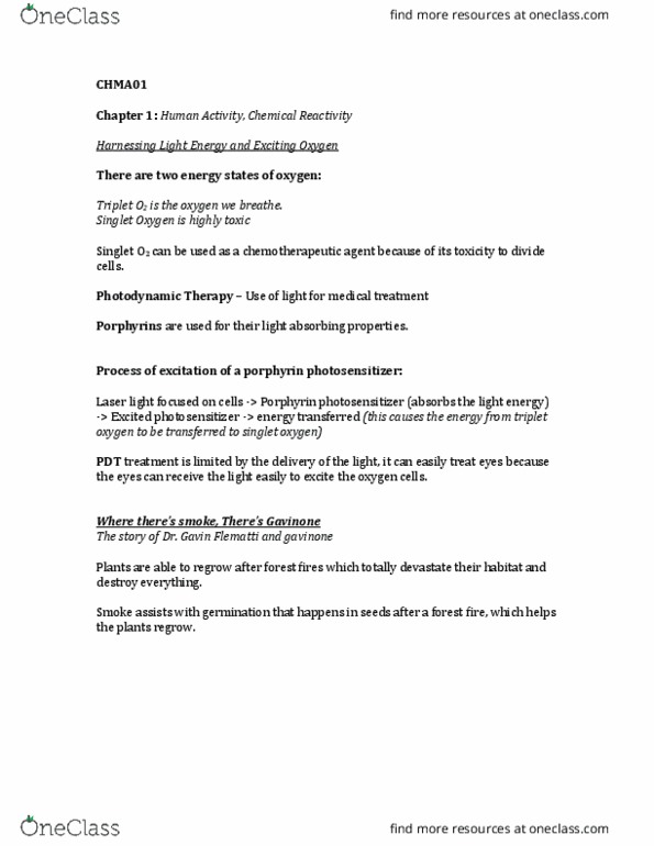 CHMA10H3 Lecture Notes - Lecture 1: Germination, Photodynamic Therapy, Singlet Oxygen thumbnail