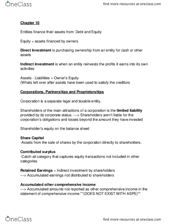 ACTG 2011 Chapter Notes - Chapter 10: Canada Business Corporations Act, Financial Statement, Retained Earnings thumbnail