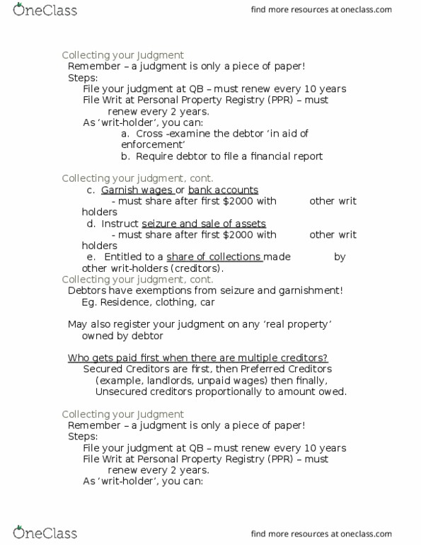 MGTS-312 Lecture Notes - Lecture 25: Garnishment thumbnail