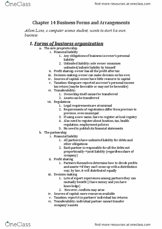 Management and Organizational Studies 2275A/B Chapter Notes - Chapter 14: Limited Liability, Sole Proprietorship, Joint Venture thumbnail