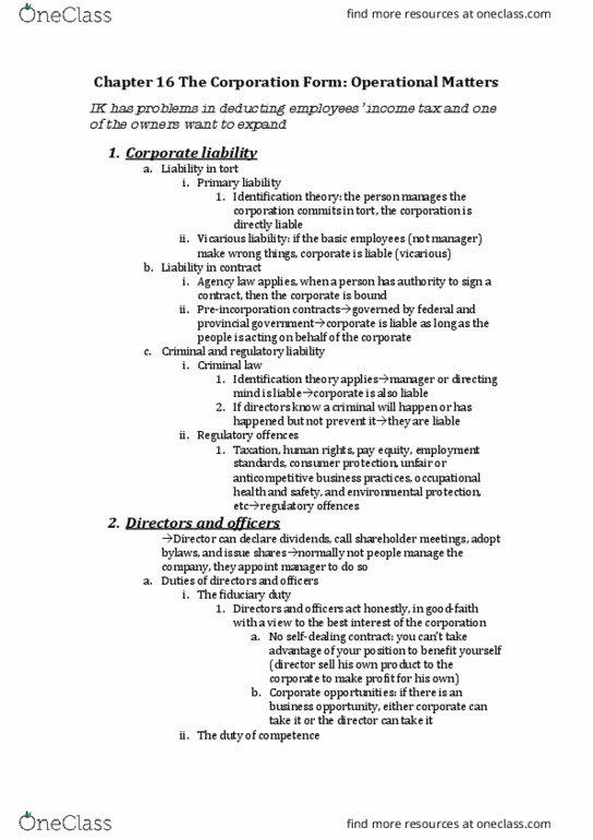 Management and Organizational Studies 2275A/B Chapter Notes - Chapter 16: Vicarious Liability, Regulatory Offence, Fiduciary thumbnail