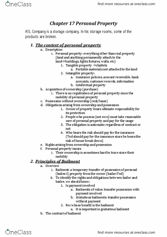 Management and Organizational Studies 2275A/B Chapter Notes - Chapter 17: Bailment, Personal Property, Intangible Property thumbnail