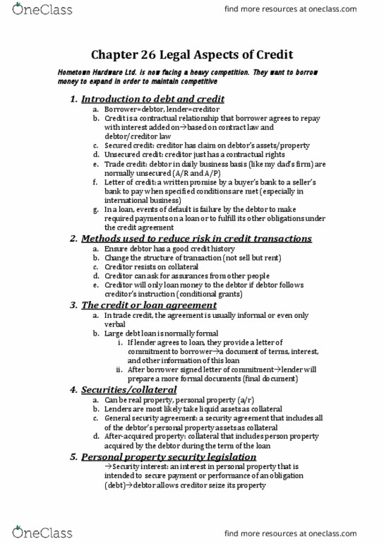 Management and Organizational Studies 2275A/B Chapter Notes - Chapter 26: Unsecured Creditor, Secured Creditor, Trade Credit thumbnail