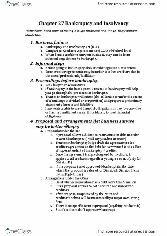 Management and Organizational Studies 2275A/B Chapter Notes - Chapter 27: Unsecured Creditor, Secured Creditor, Personal Bankruptcy thumbnail